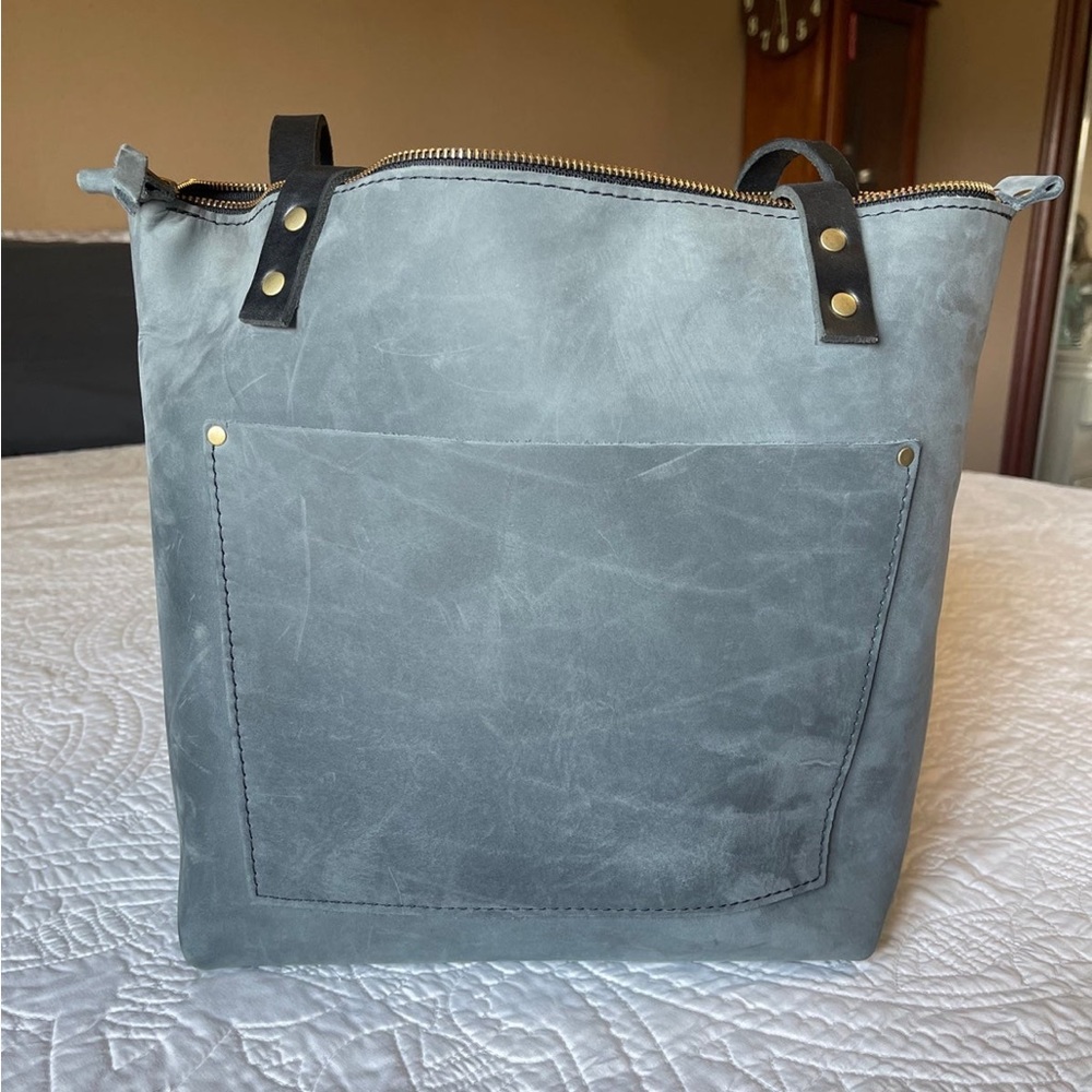 Portland leather large zipper tote **storm** dark handles